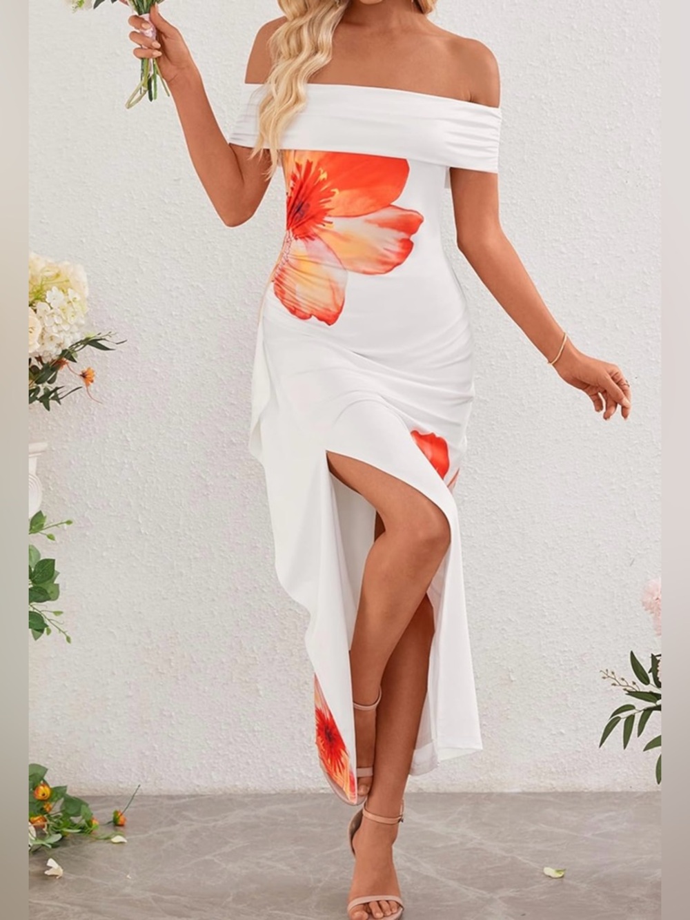 White Off shoulder Floral Midi Dress with Orange Blossom Accents - Picture 4 of 7